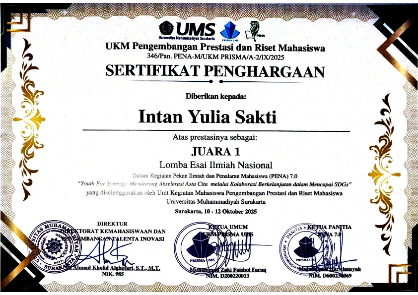 1st Place in the National Scientific Essay Competition organized by the Student Activity Unit for Development of Student Achievement and Research at the Muhammadiyah University of Surakarta